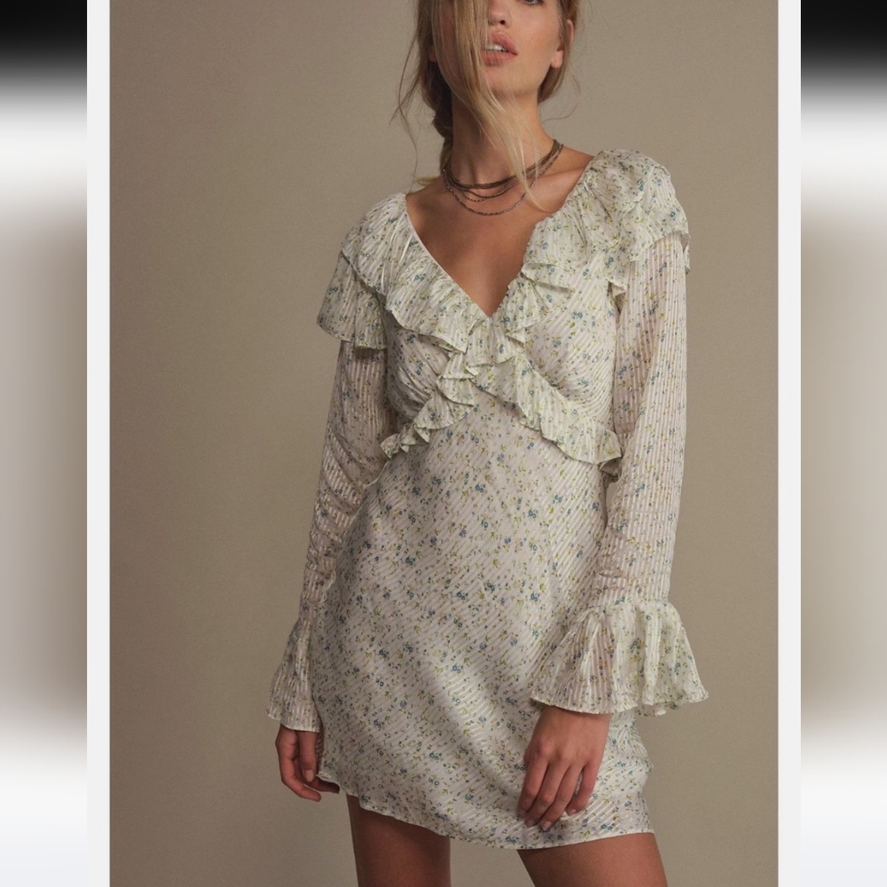 Free People Floral Ruffle Long Sleeve Dress - Cream